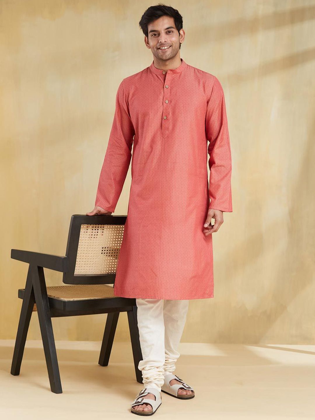 Fabindia Woven Design Band Collar Kurta-picture-14