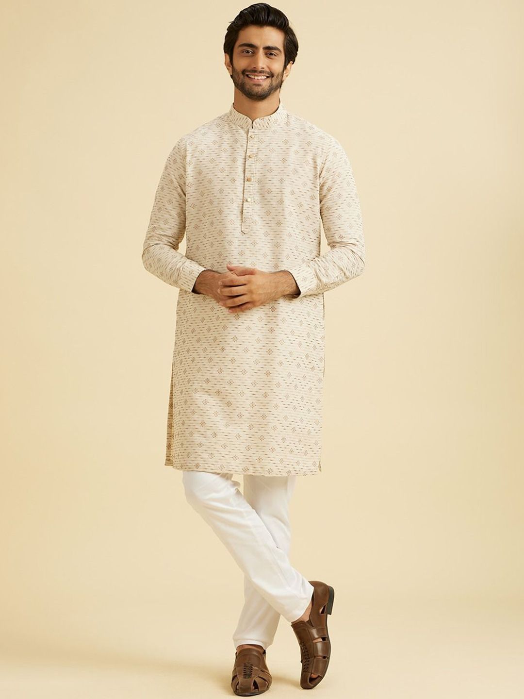 Manyavar Geometric Woven Design Mandarin Collar Linen Straight Kurta-picture-18
