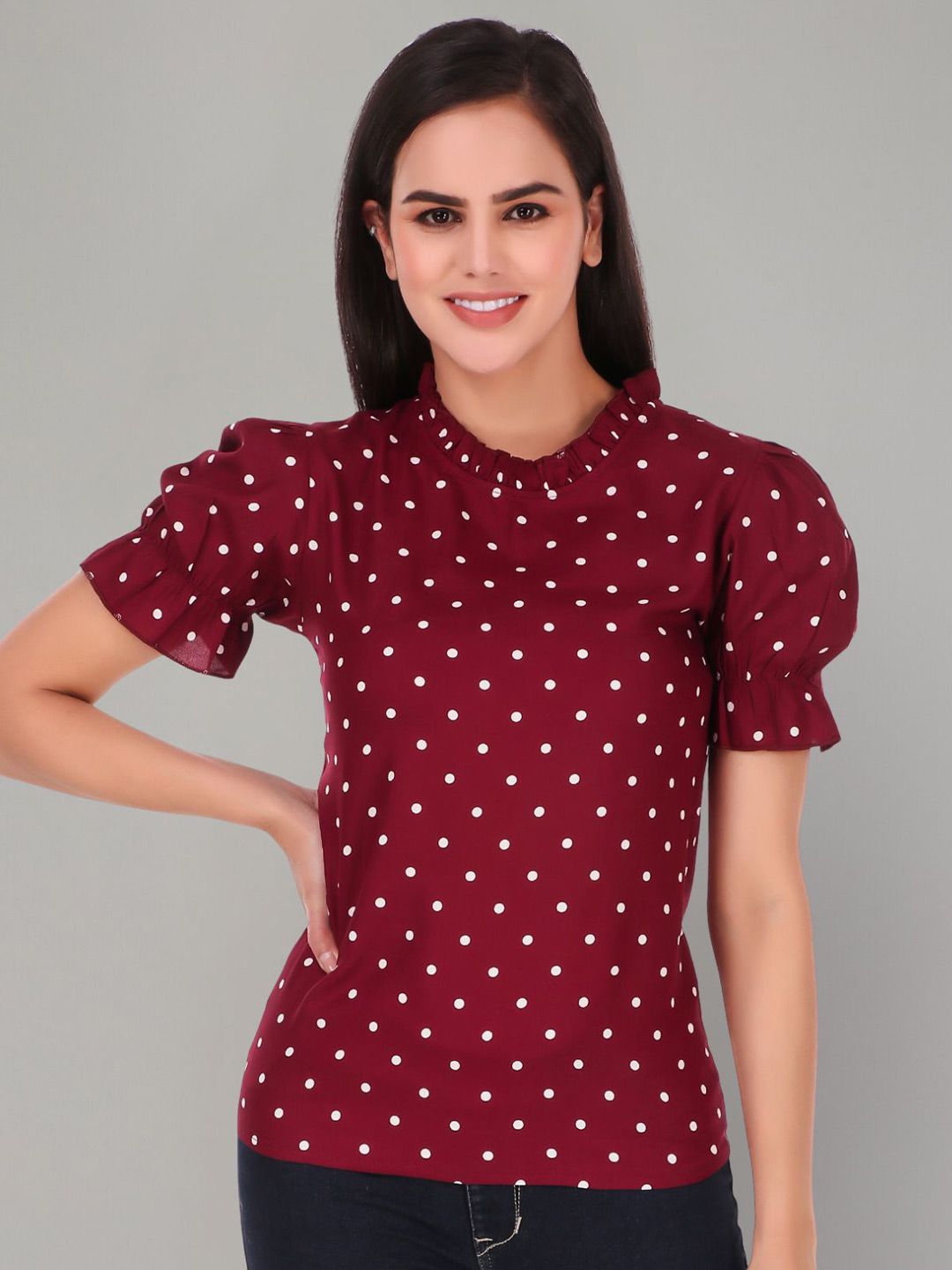 Zuvino Women Polka Dot Print Round Neck Puff Sleeve Ruffles Regular Top-picture-28