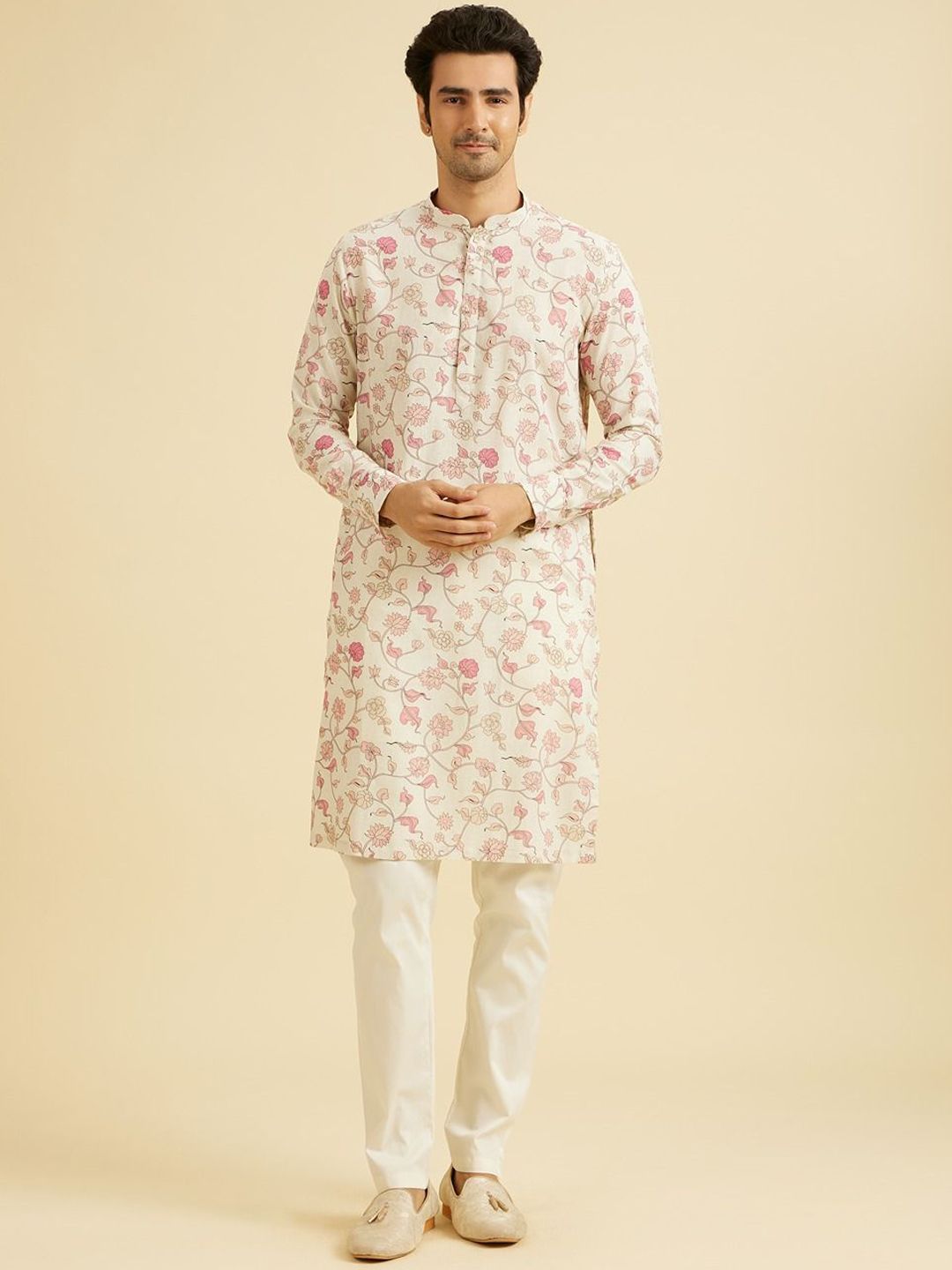 Manyavar Woven Design Mandarin Collar Cotton Kurta-picture-37