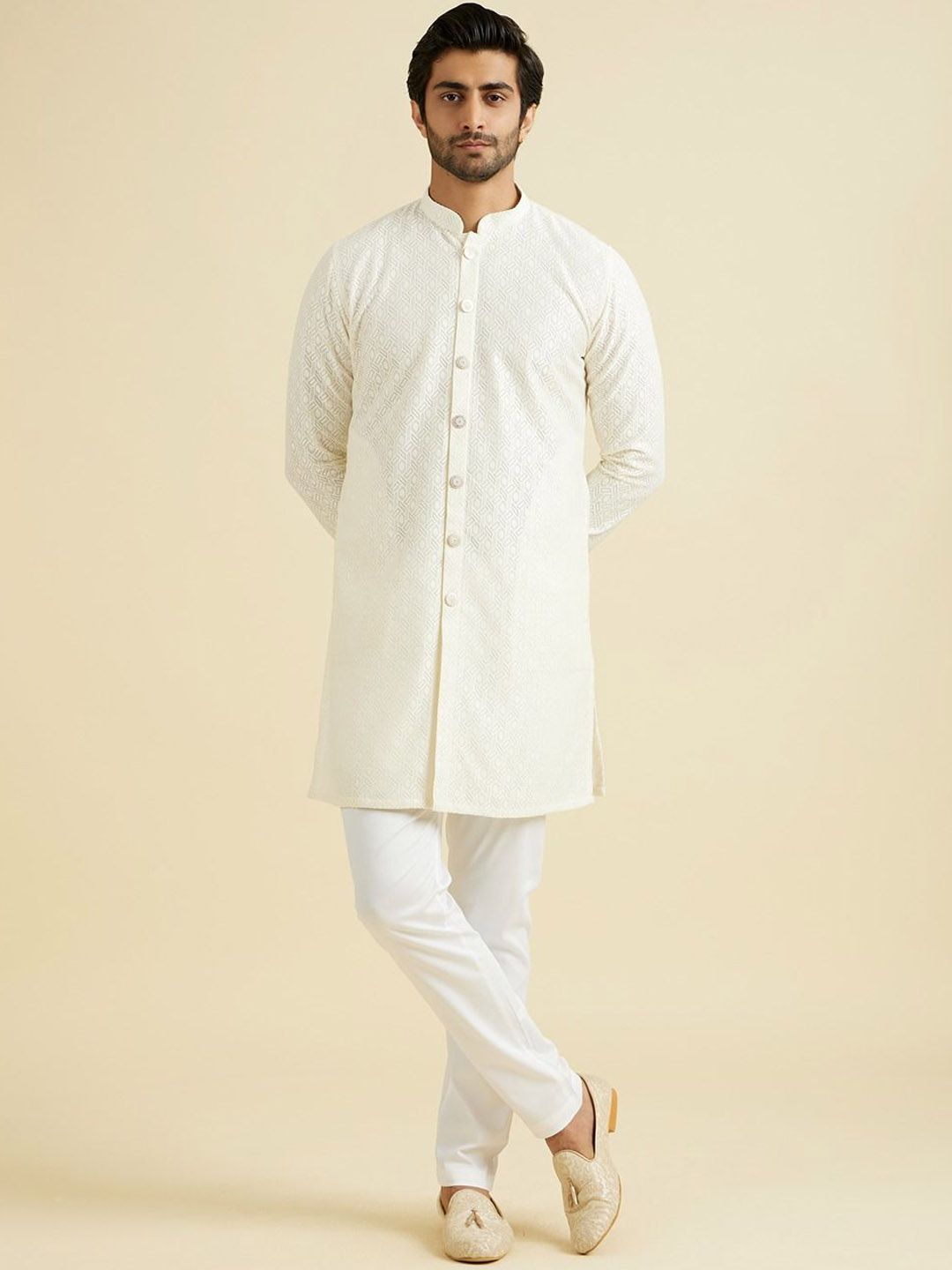 Manyavar Geometric Woven Design Mandarin Collar Straight Kurta With Trouser-picture-31
