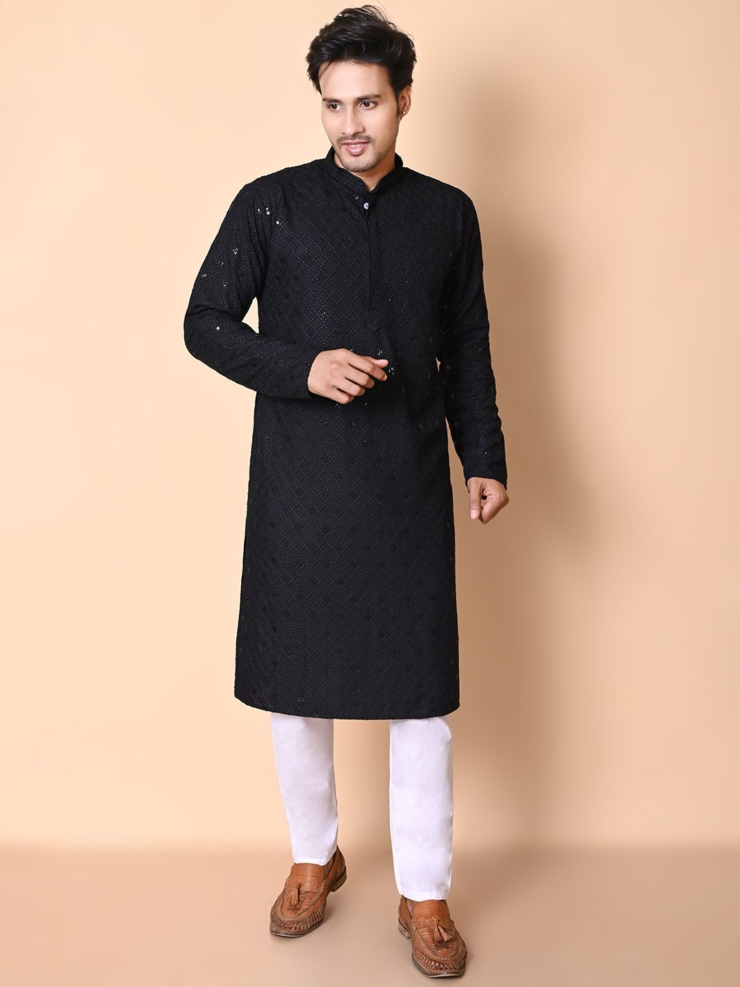 AHLAN APPARELS Geometric Embroidered Sequinned Mandarin Collar Kurta With Pyjamas-picture-57