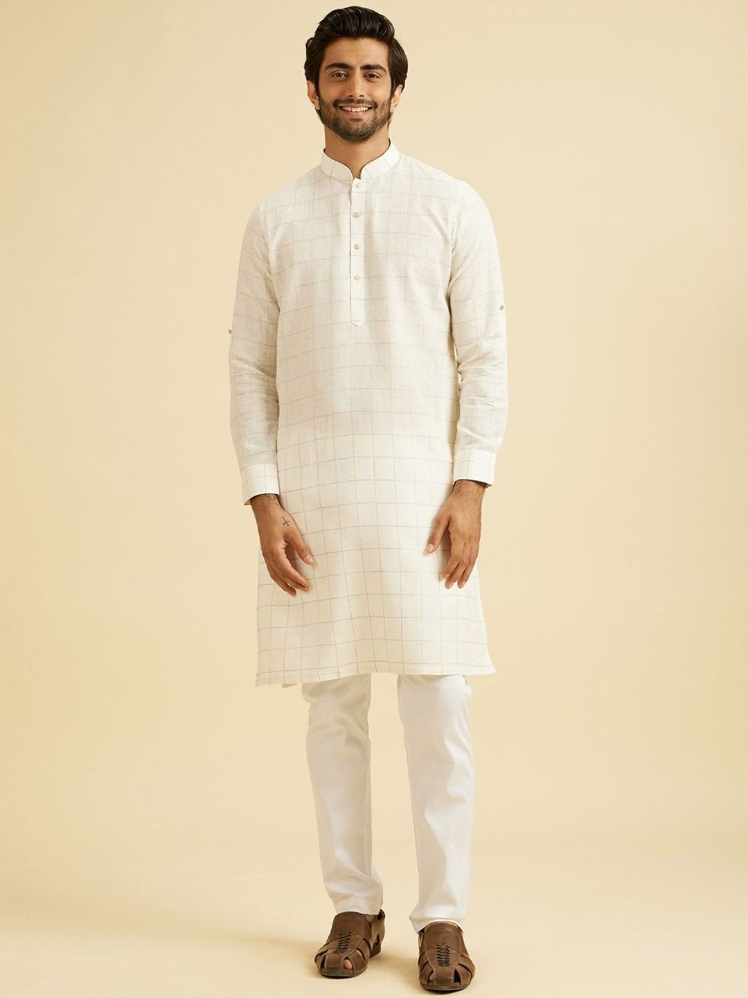 Manyavar Geometric Woven Design Mandarin Collar Straight Linen Kurta-picture-17