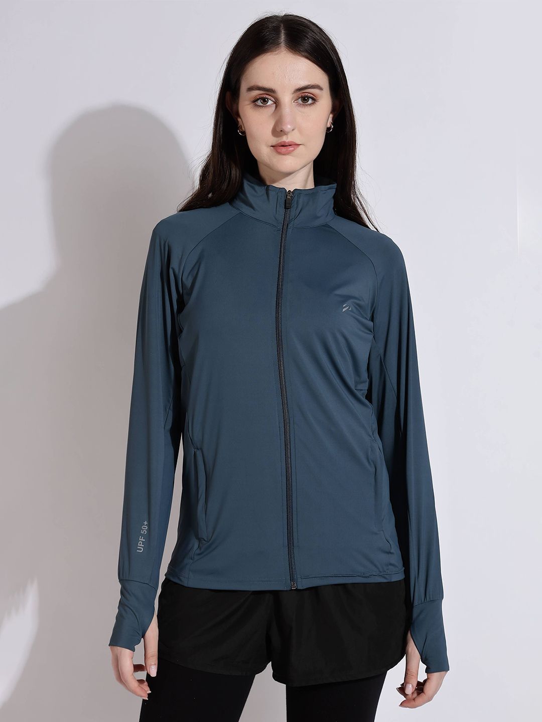 BLUE TYGA Women Mock Collar Solid Sports Lightweight Sporty Jacket