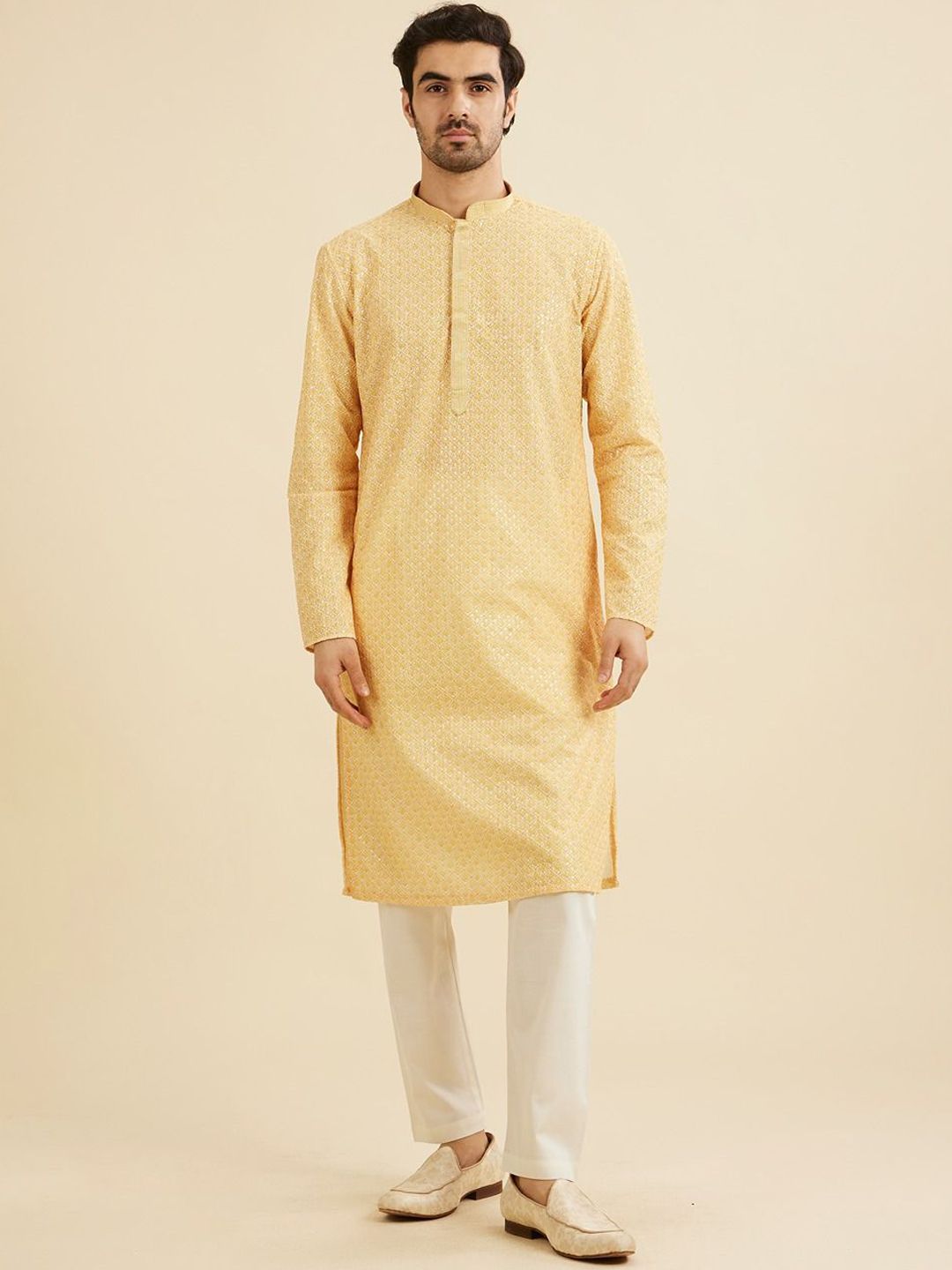 Manyavar Floral Embroidered Mandarin Collar Thread Work Straight Kurta With Pyjamas-picture-17