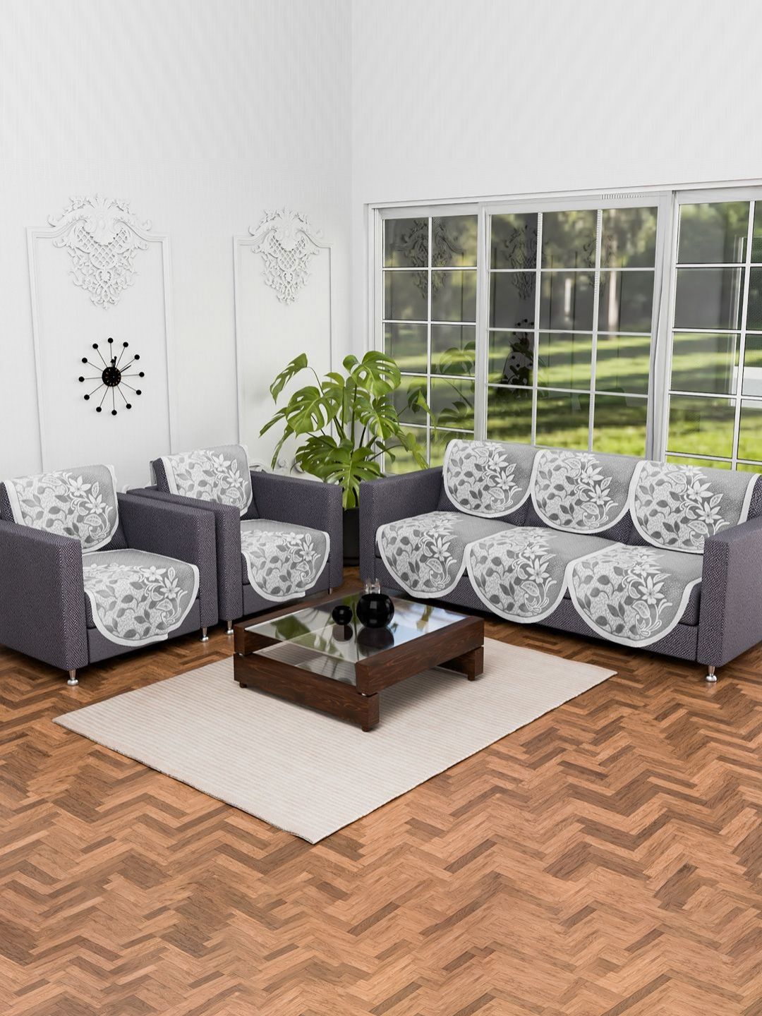 Myntra Elegant Homes Grey & White 10 Pieces Floral Printed Cotton 5 Seater Sofa Covers-picture-17