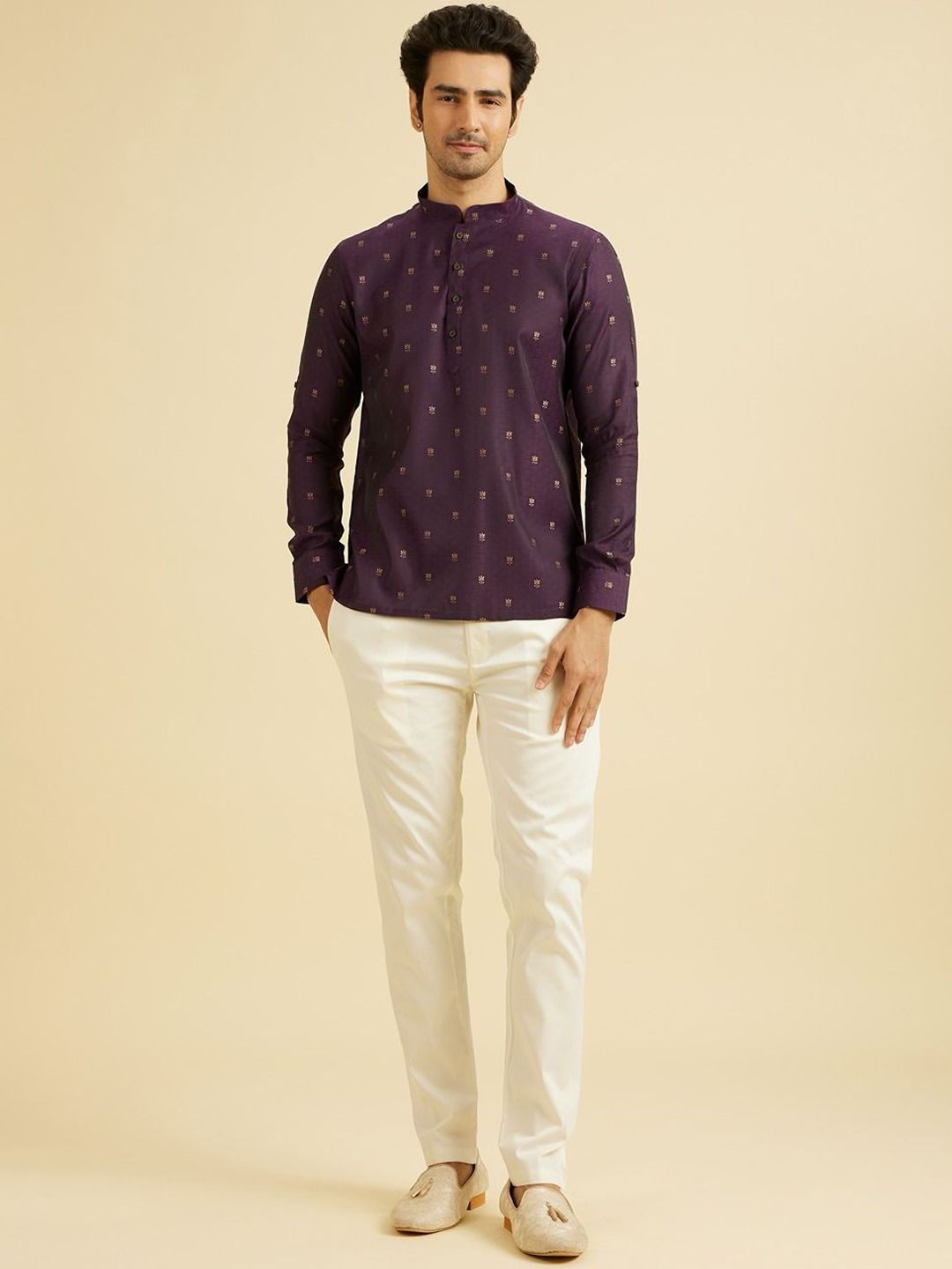 Manyavar Woven Design Mandarin Collar Thread Work Art Silk Short Kurtas-picture-13