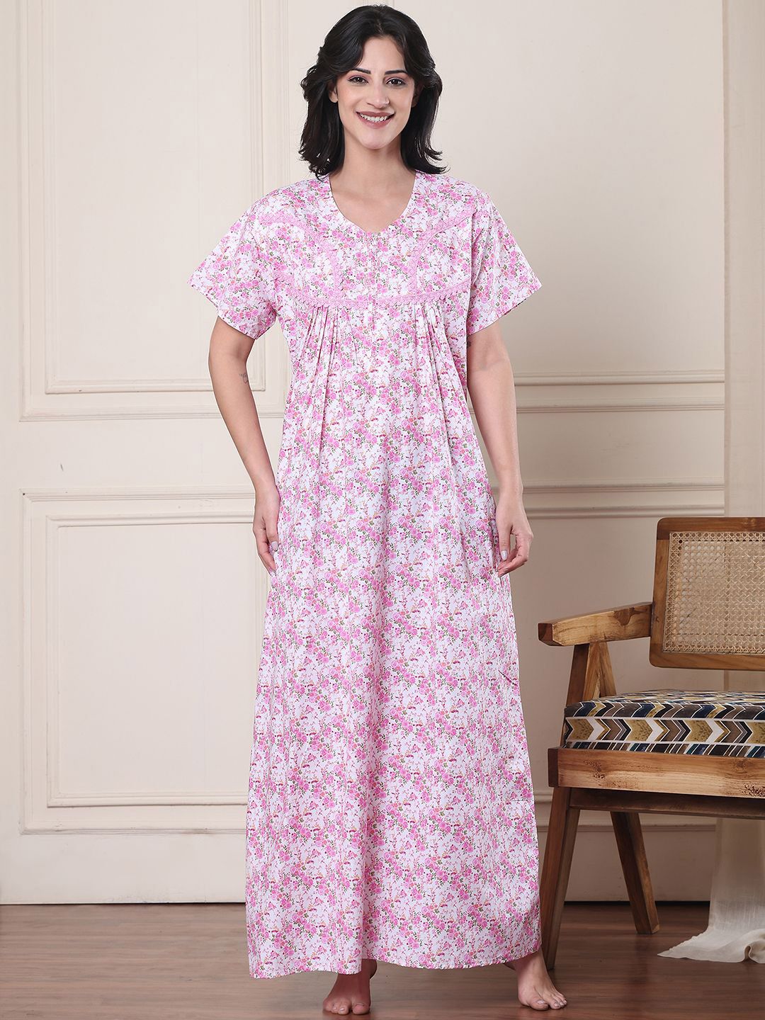 Secret Wish Women Printed V Neck Maxi Nightdress-picture-31