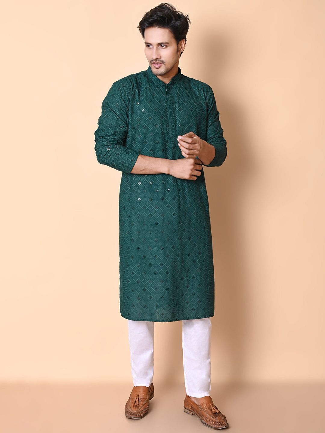 AHLAN APPARELS Men Geometric Embroidered Mandarin Collar Straight Kurta With Pyjamas-picture-50