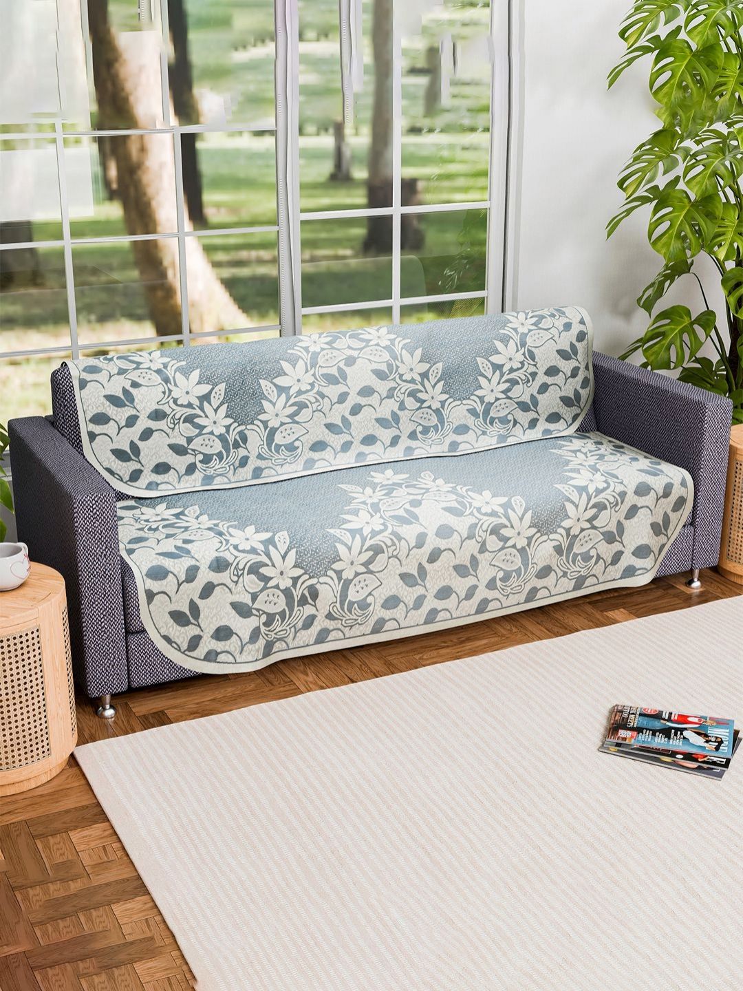 Myntra Elegant Homes Blue & White 2 Pieces Floral Printed Cotton 3 Seater Sofa Covers-image-32