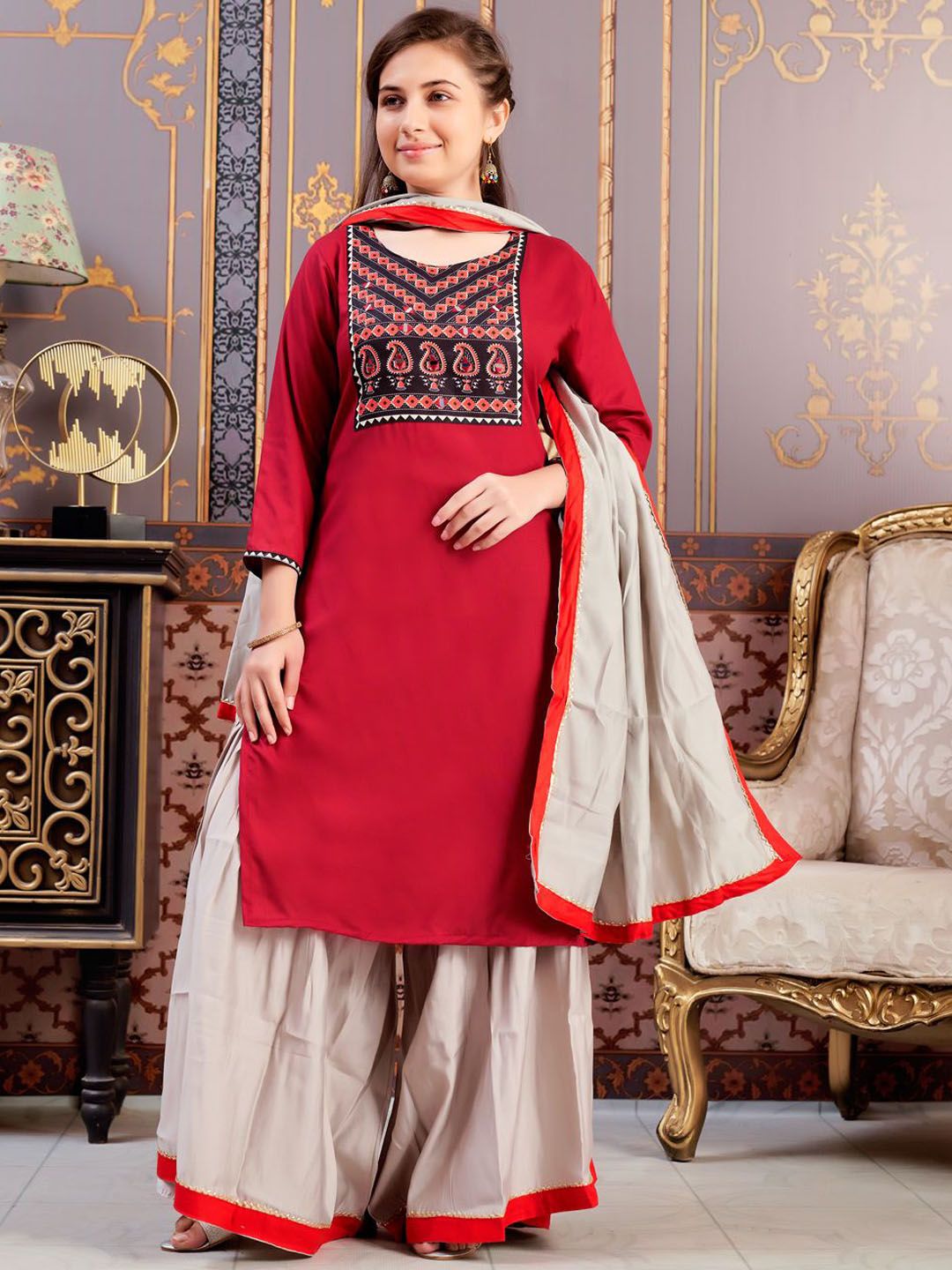Sangria Girls Geometric Yoke Design Round Neck Mirror Work Straight Kurta-picture-37