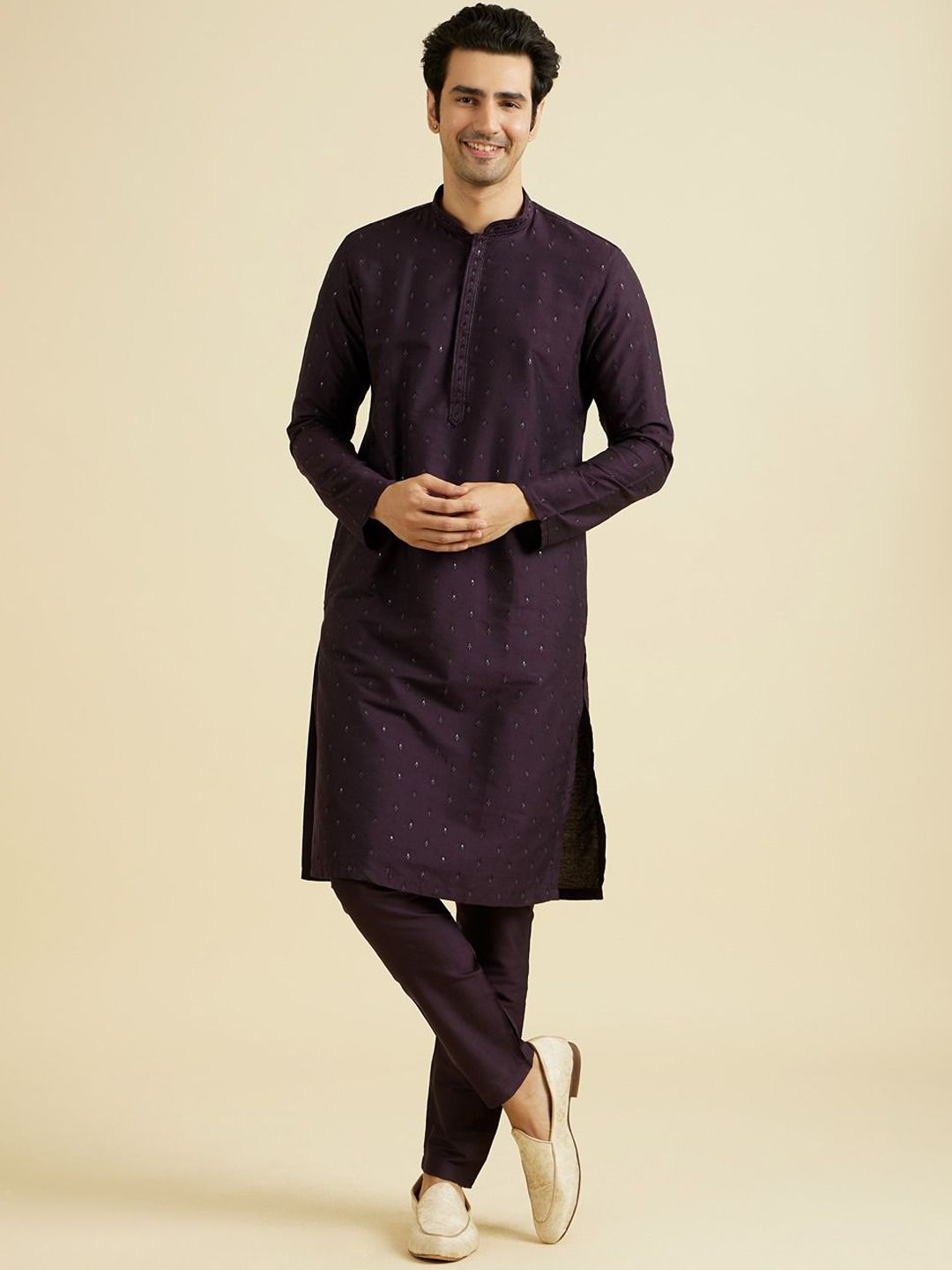 Manyavar Floral Embroidered Mandarin Collar Thread Work Straight Kurta With Pyjama-picture-39