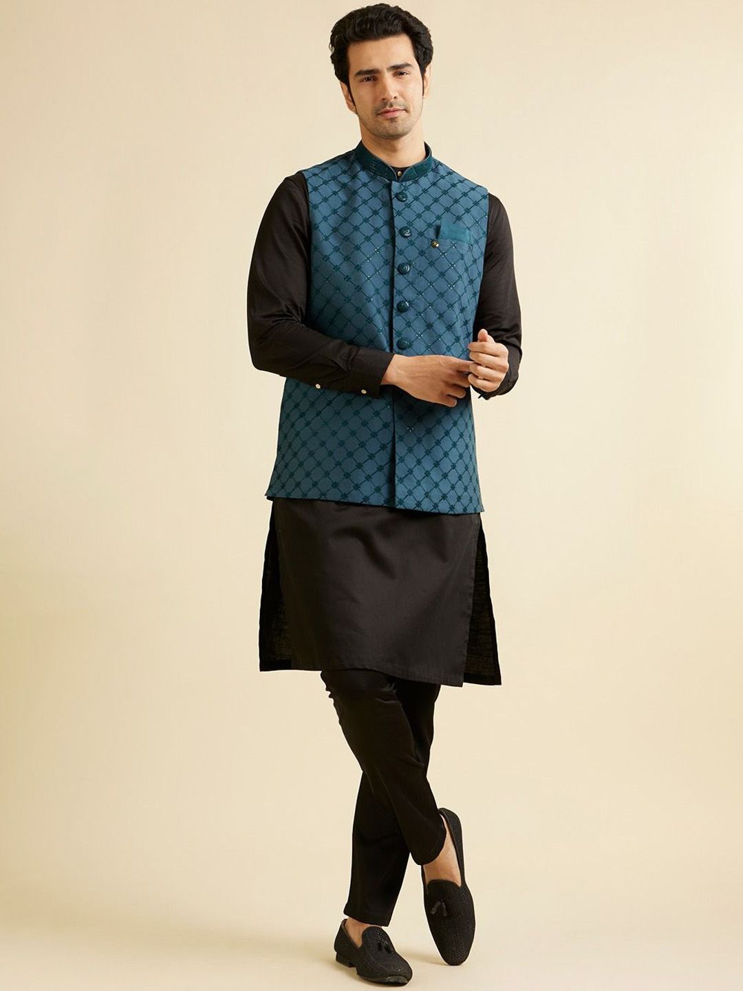 Manyavar Men Embroidered Woven Nehru Jacket-picture-34