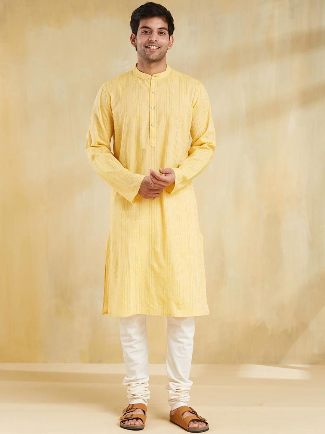 Fabindia Striped Band Collar Straight Kurta-image-10