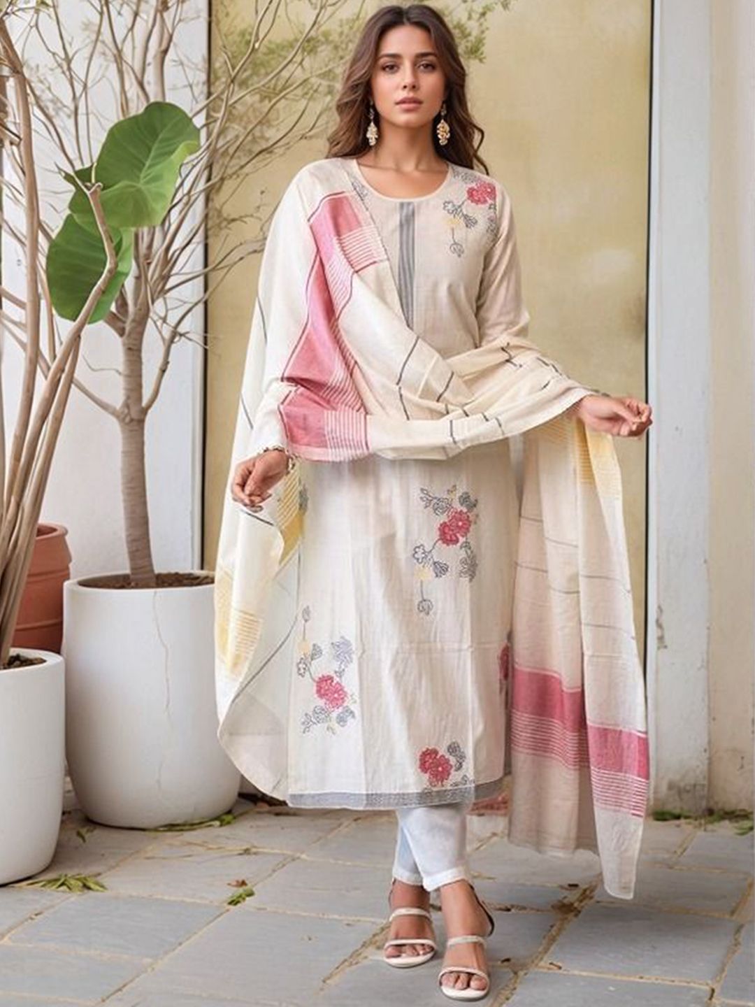 Rujave Floral Printed Pure Cotton Straight Kurta With Trouser & Dupatta