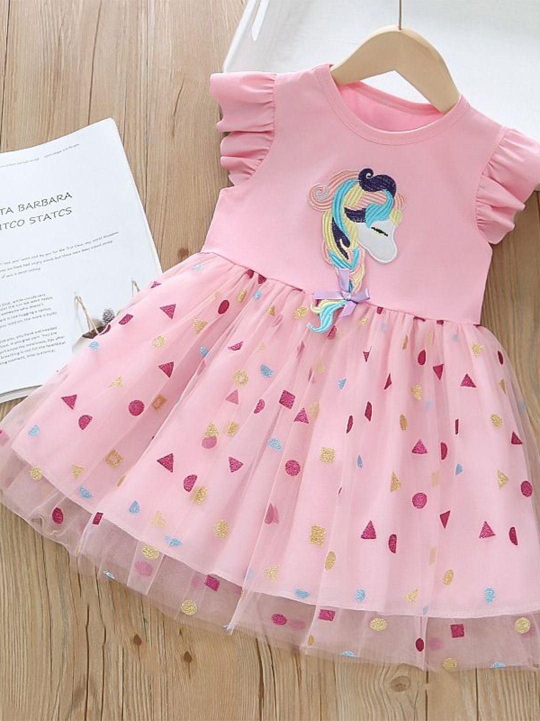 YK Girls Geometric Embellished Flutter Sleeves Fit And Flare Dress-picture-41