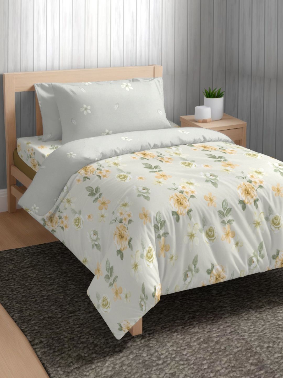 The Happy Pod Off White & Yellow Floral Microfiber Single Bedding Set-image-15