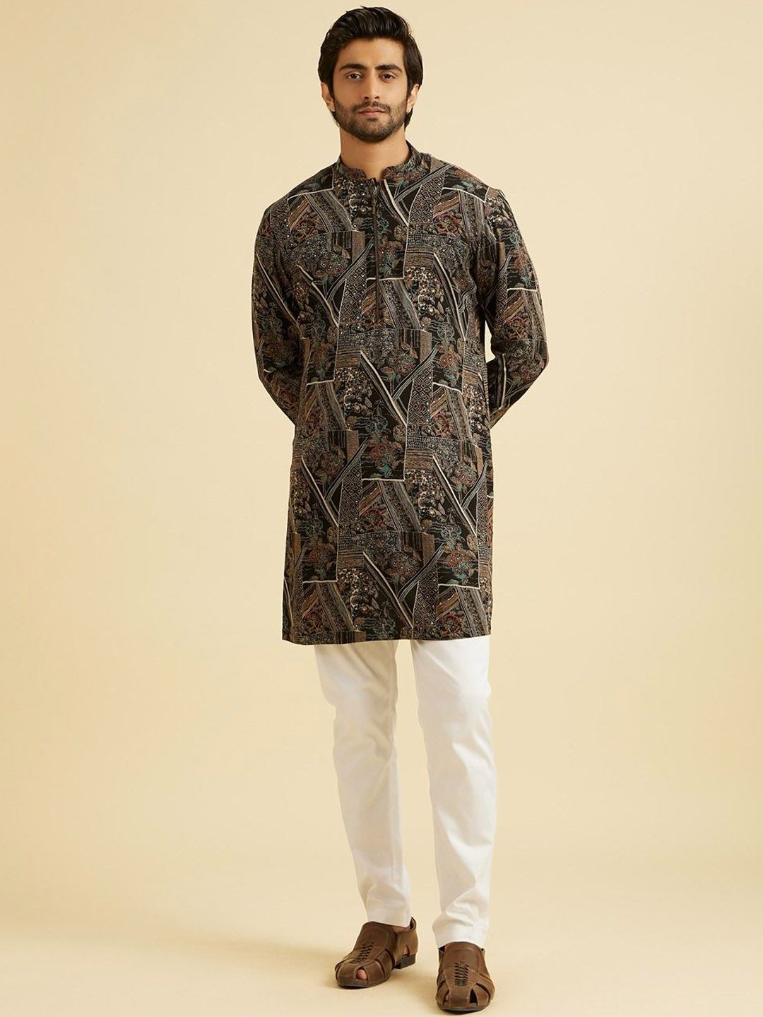 Manyavar Woven Design Mandarin Collar Raw Silk Short Kurtas-picture-33