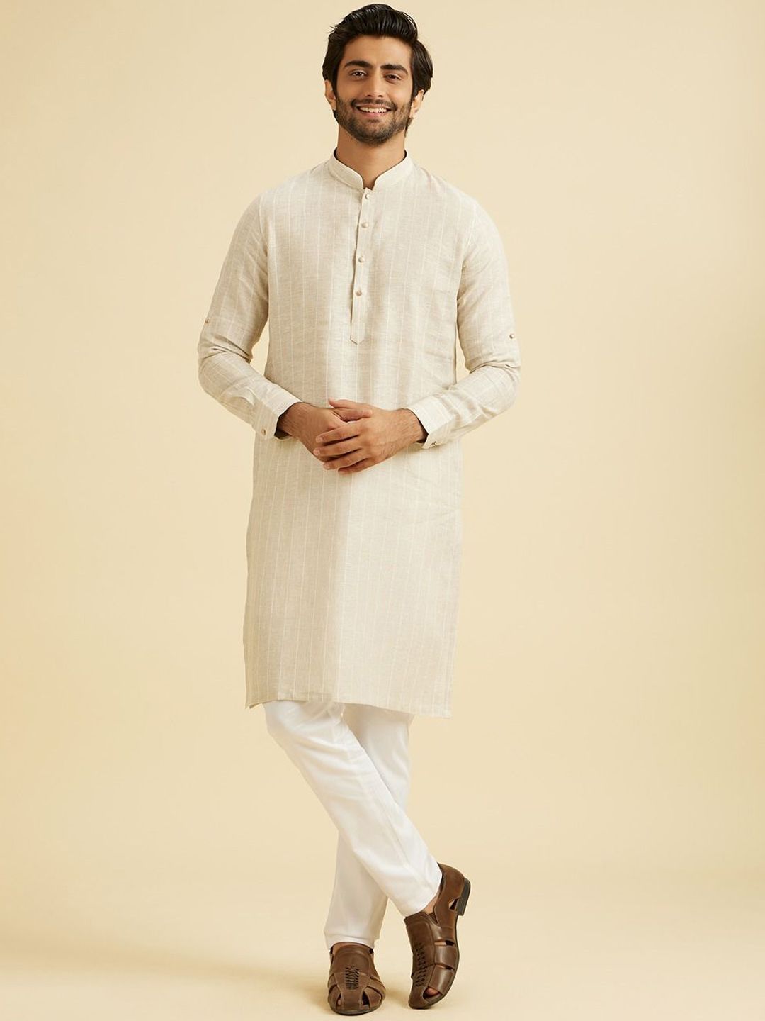 Manyavar Woven Design Mandarin Collar Straight Linen Kurta-picture-34