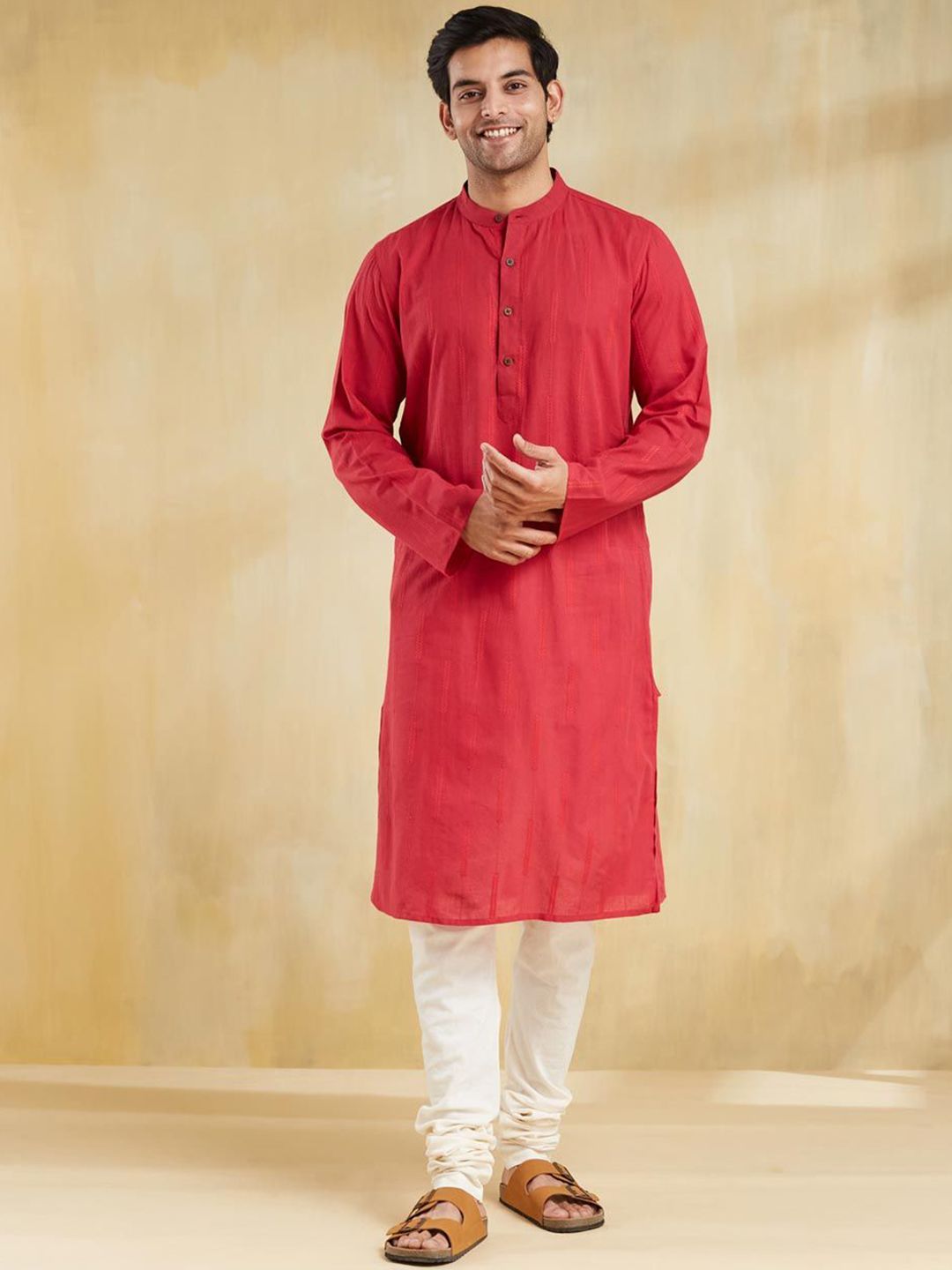 Fabindia Woven Design Band Collar Kurta-picture-17