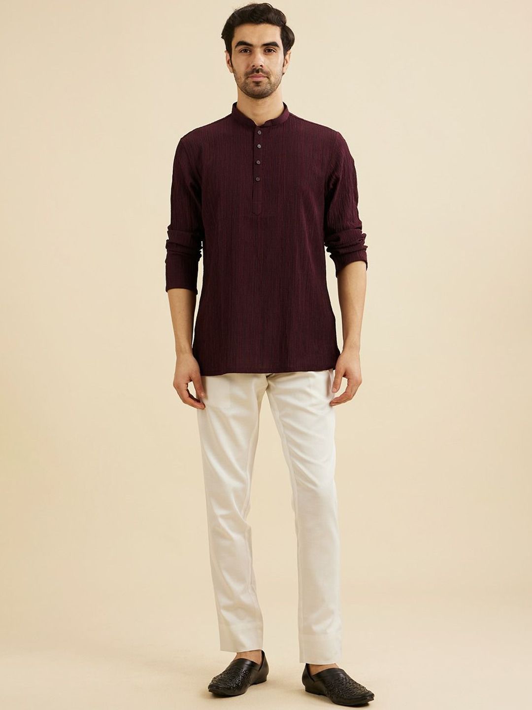 Manyavar Geometric Woven Design Mandarin Collar Raw Silk Short Kurta-picture-36