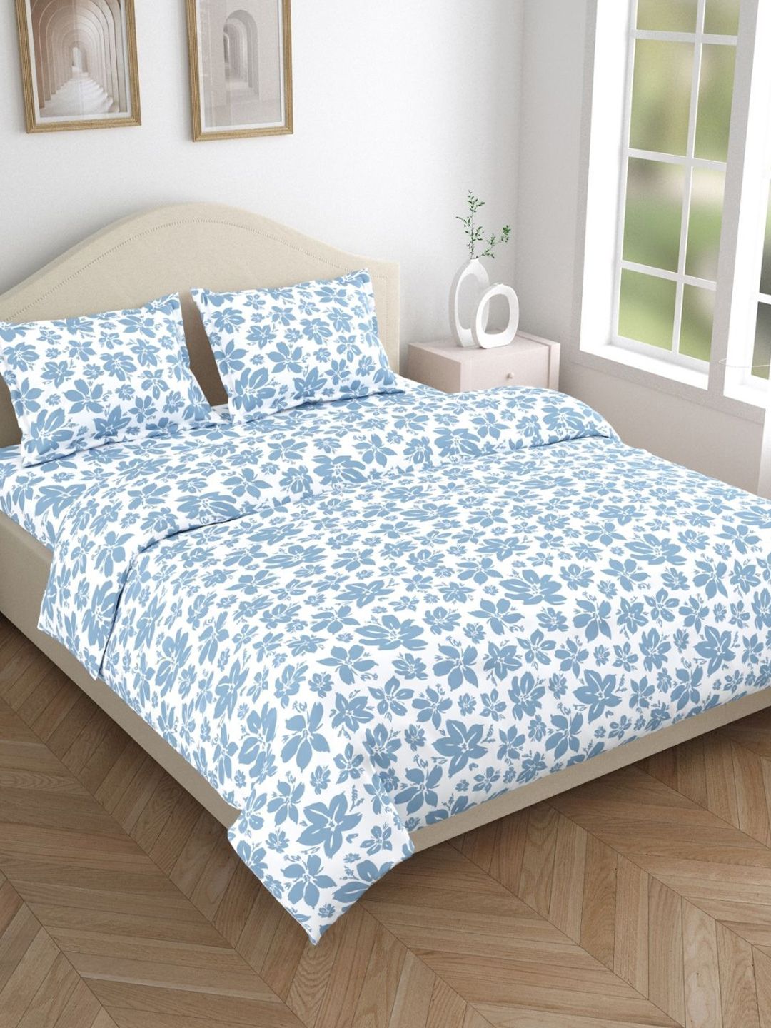 haus & kinder Blue & White Floral 144 TC Cotton King Bedsheet Set 2.75 m x 2.75 m-picture-28