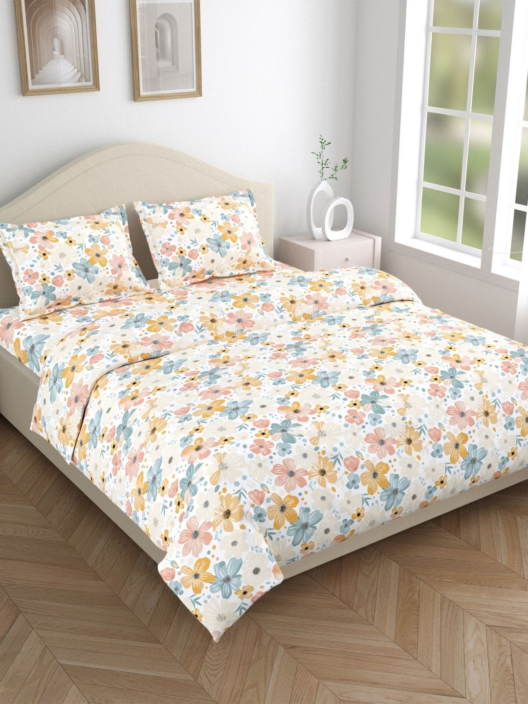 haus & kinder White & Blue Floral 144 TC Cotton King Bedsheet Set 2.75 m x 2.75 m-image-32
