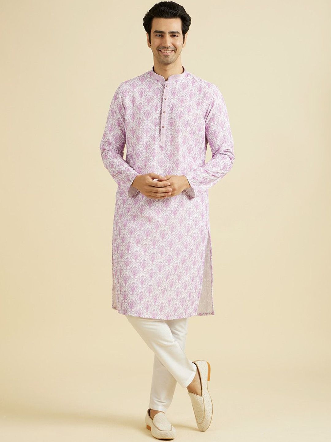 Manyavar Floral EmbroideredArt Silk Mandarin Collar Straight Kurta With Trousers-picture-35