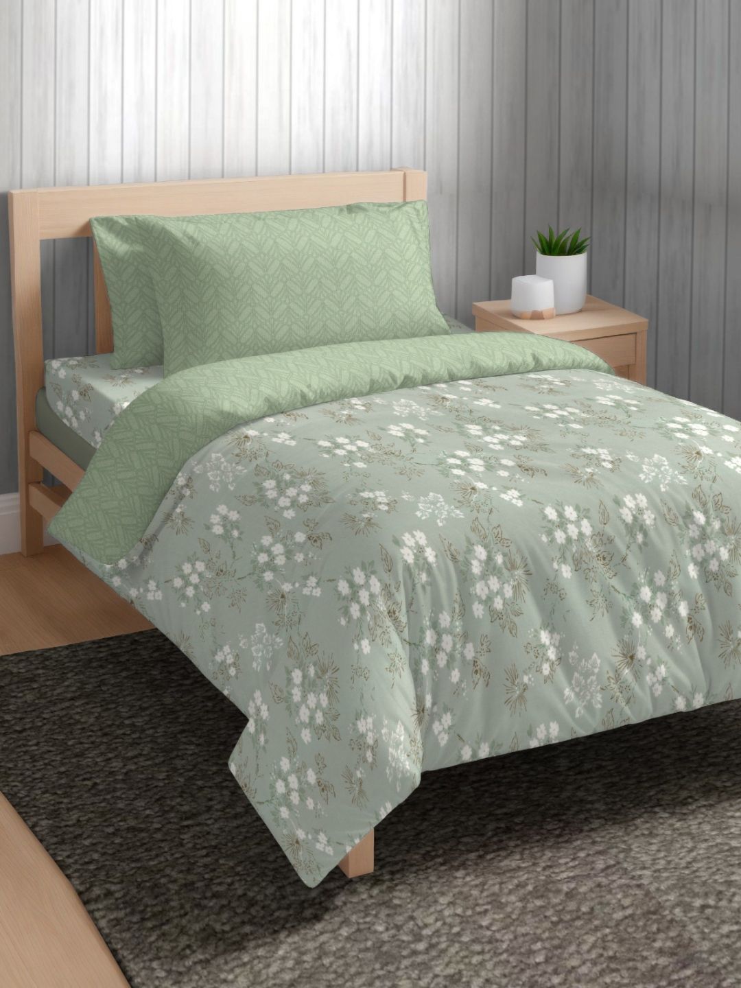 The Happy Pod Green & White Floral Microfiber Single Bedding Set-image-49