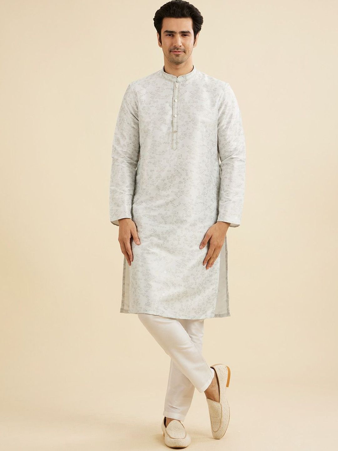 Manyavar Floral Printed Art Silk Mandarin Collar Straight Kurta With Trousers-picture-36
