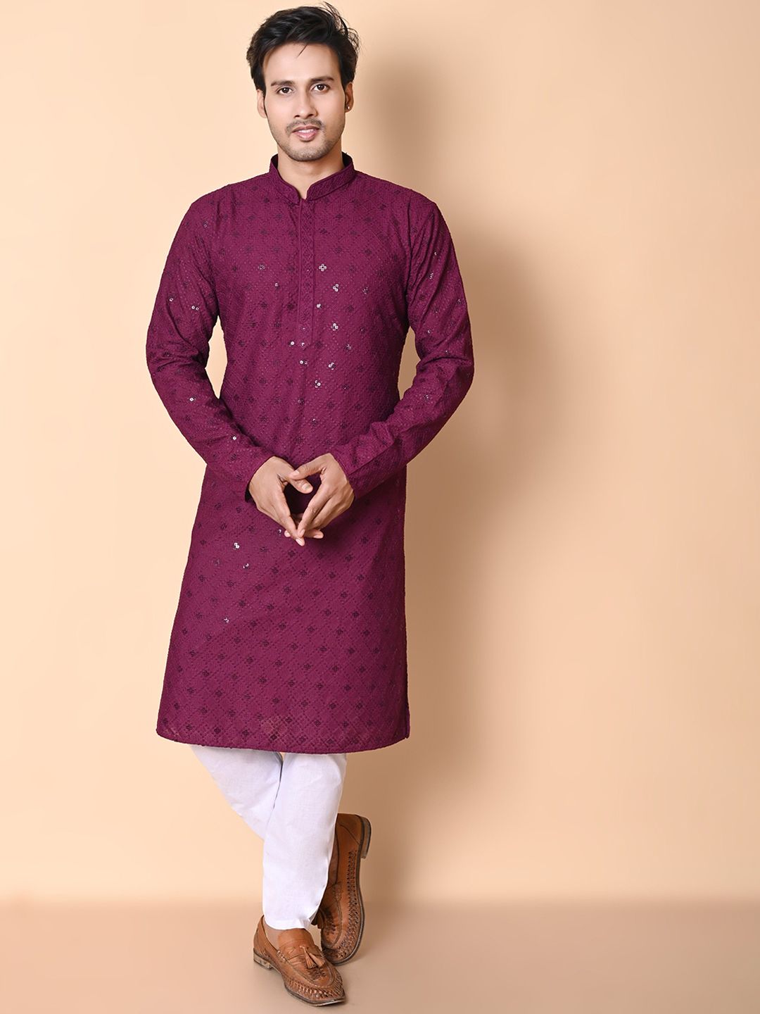 AHLAN APPARELS Geometric Embroidered Sequinned Kurta With Pyjamas-picture-43