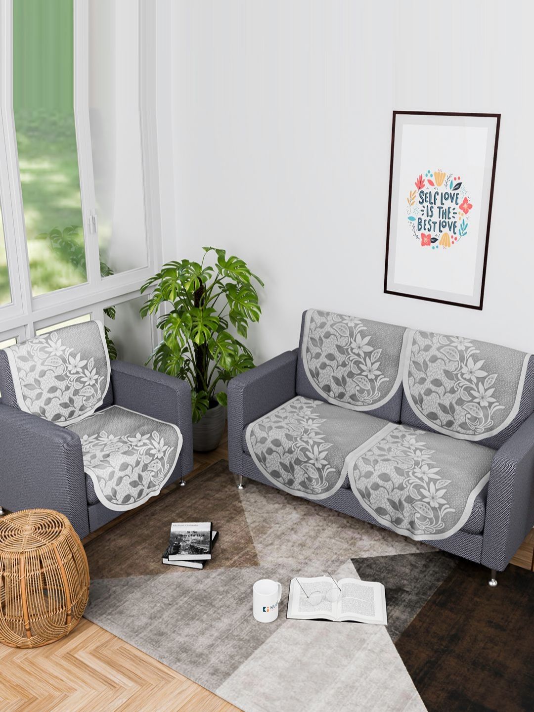 Myntra Elegant Homes Grey & White 6 Pieces Floral Printed Cotton 2+1 Seater Sofa Covers-picture-16