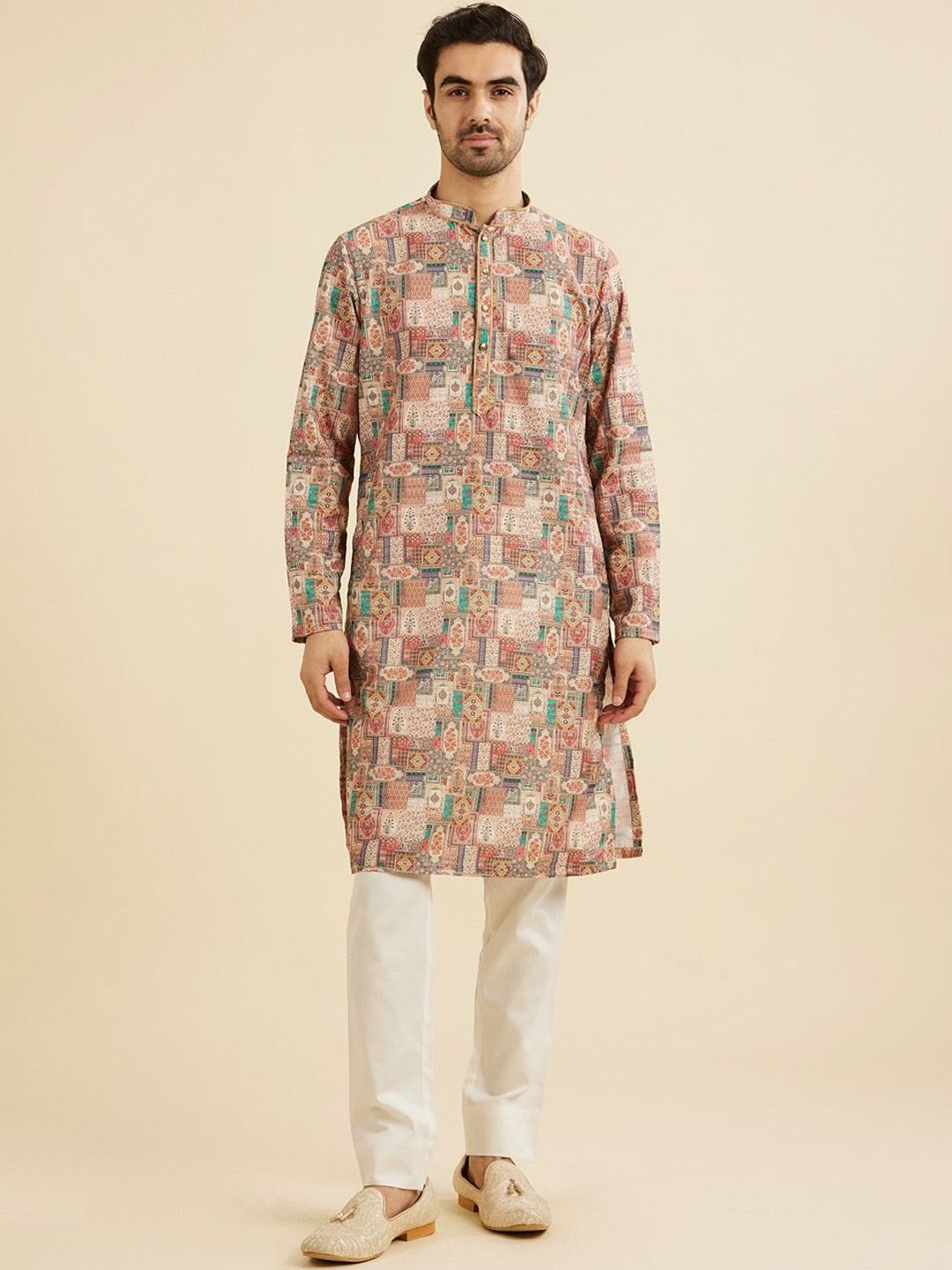 Manyavar Woven Design Mandarin Collar Art SilkKurta-picture-32