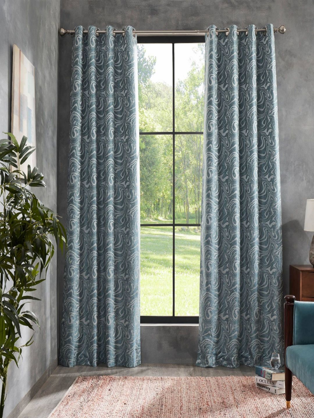 Deco Window Teal 2 Pieces Printed Black Out Door Curtain-image-2