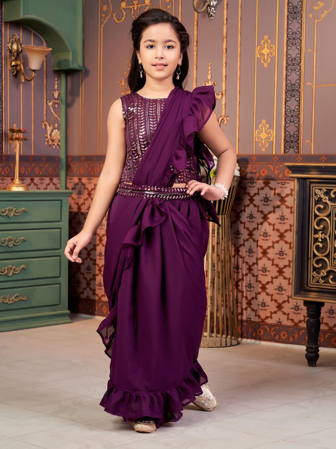 Sangria Girls Sequin Embroidered Lehenga Choli With Attached Dupatta