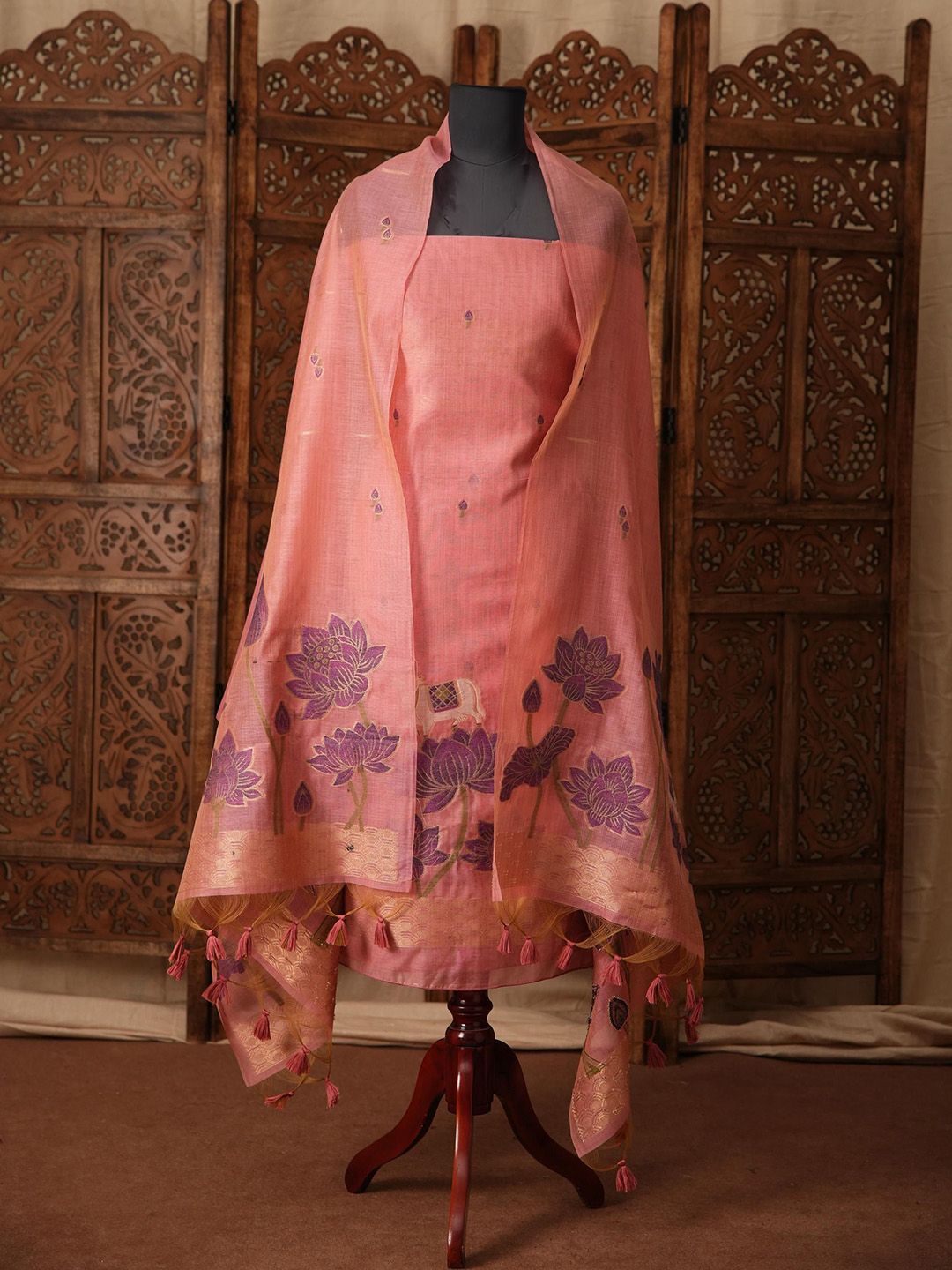 GAJARAI Floral Printed Zari Muga Cotton Unstitched Dress Material-picture-24