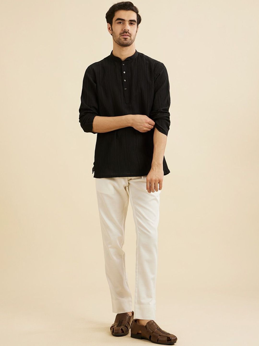 Manyavar Woven Design Mandarin Collar Short Kurta-picture-39