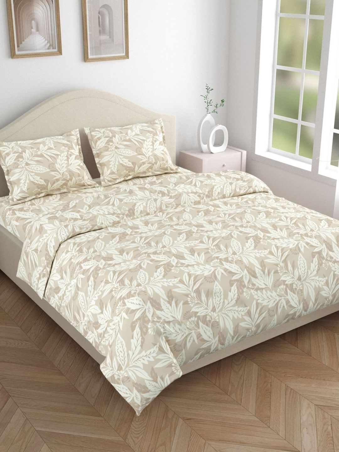 haus & kinder Beige & White Floral 144 TC Cotton Queen Bedsheet Set 2.29 m x 2.55 m-picture-35