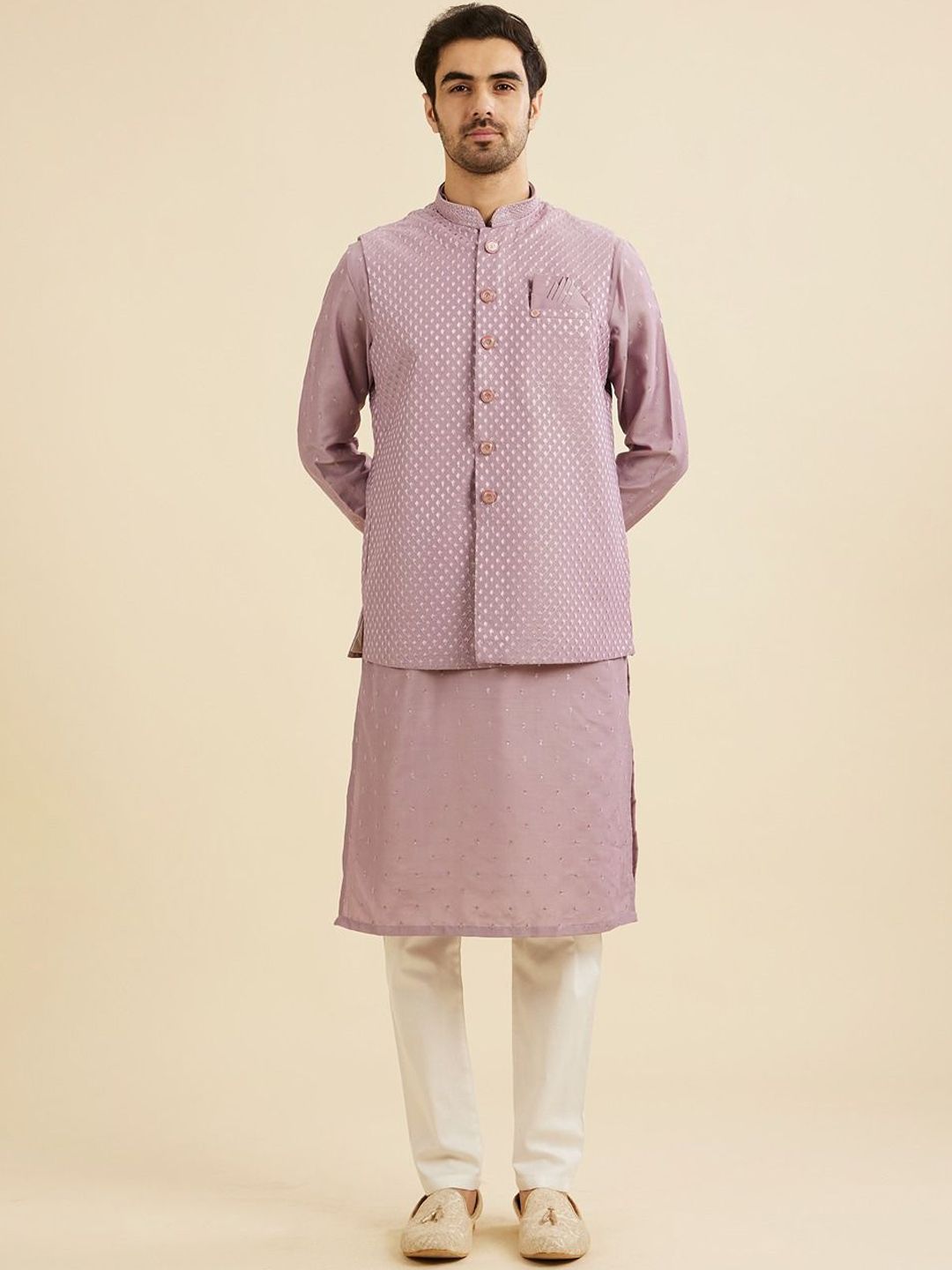 Manyavar Floral Embroidered Mandarin Collar Straight Kurta With Pyjamas & Nehru Jacket-picture-29
