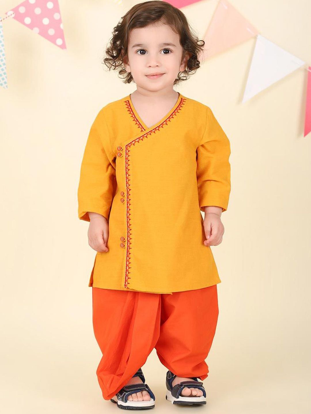 Fabindia Boys Embroidered V-Neck Angrakha Pure Cotton Kurta With Dhoti Pants-picture-11