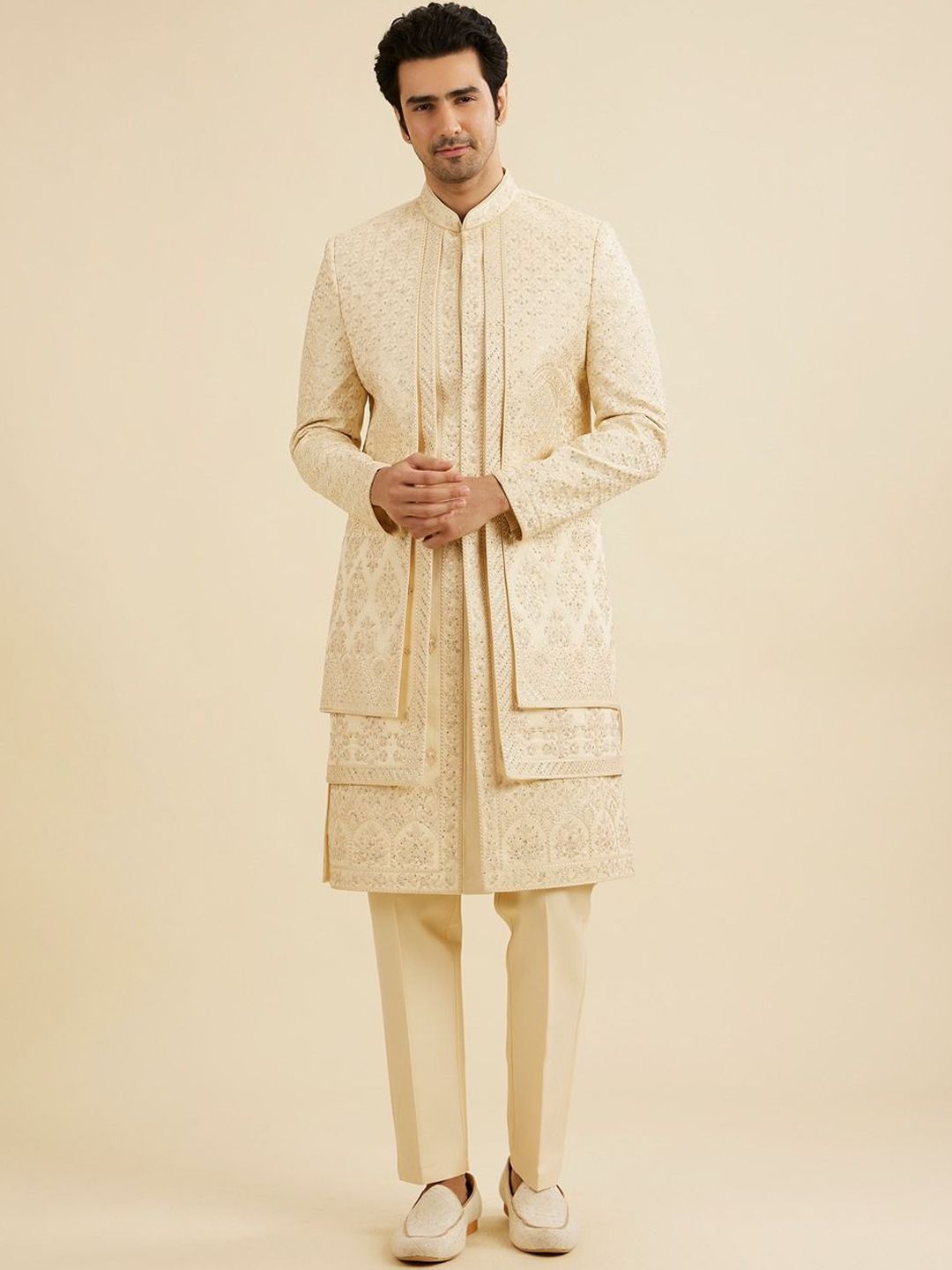 Manyavar Embroidered Mandarin Collar Sherwani Set-picture-36
