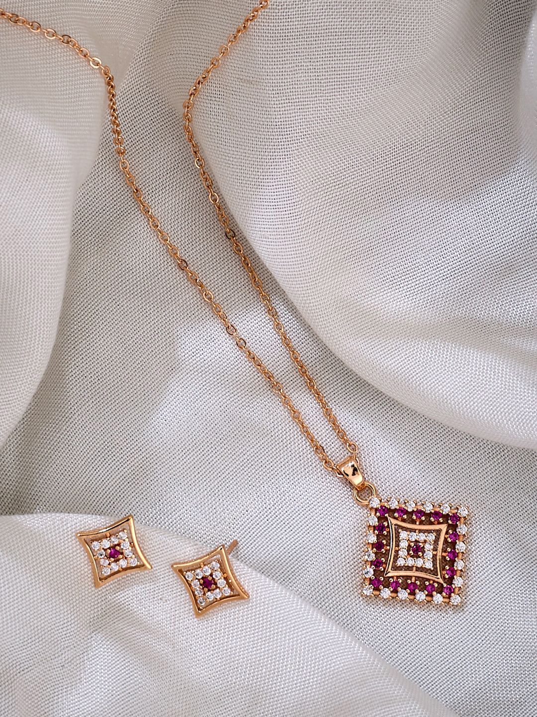 ATIBELLE  Rose Gold Plated Cubic Zirconia Studded Jewellery Set