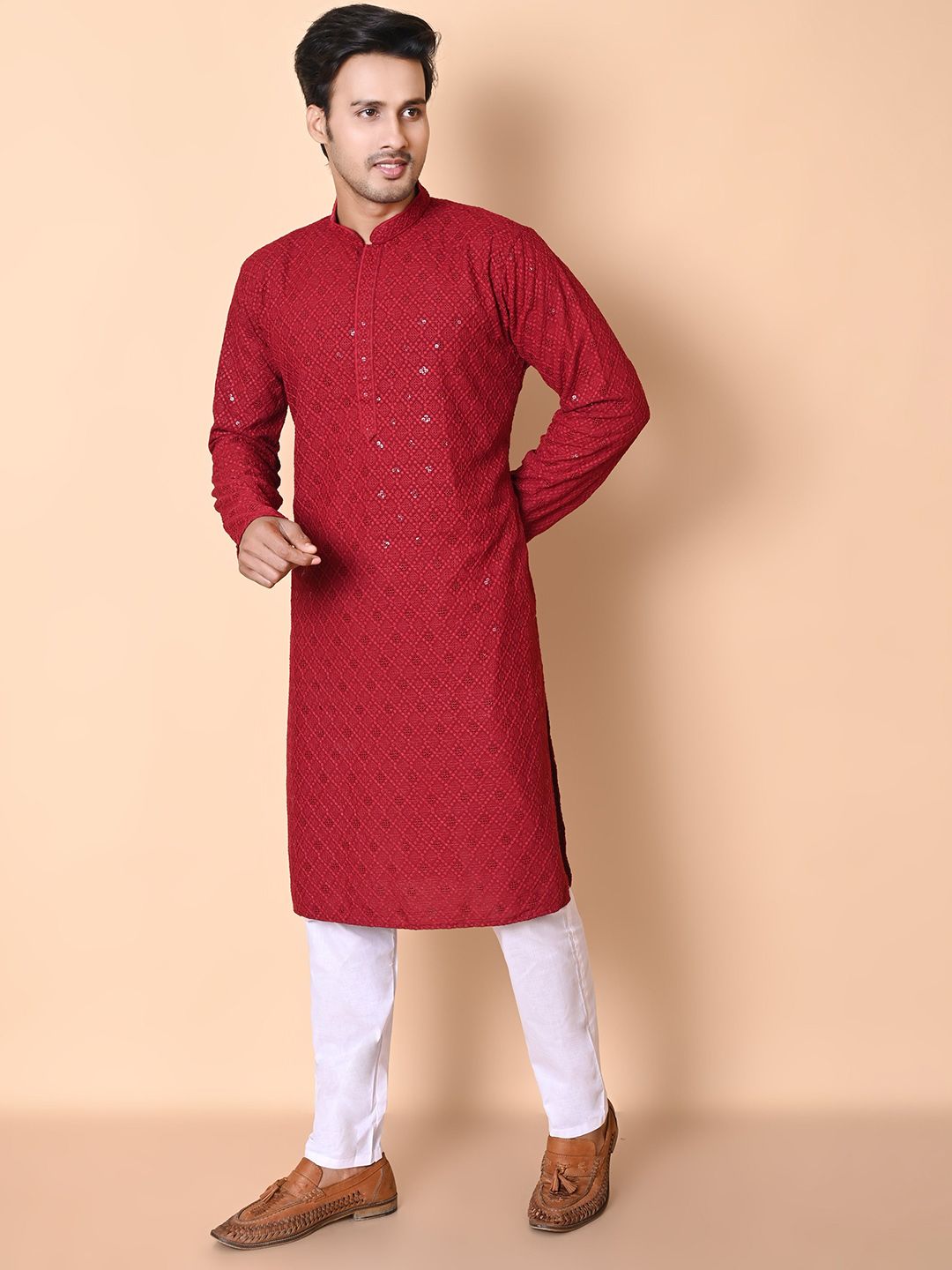 AHLAN APPARELS Geometric Embroidered Sequinned Mandarin Collar Kurta With Pyjamas-picture-42