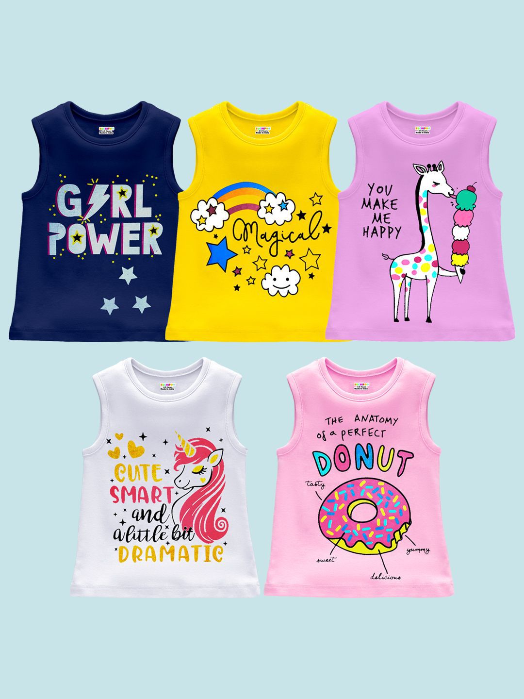 KUCHIPOO Girls Pack of 5 Typography Printed Round Neck Cotton Regular Fit T-shirts-picture-34