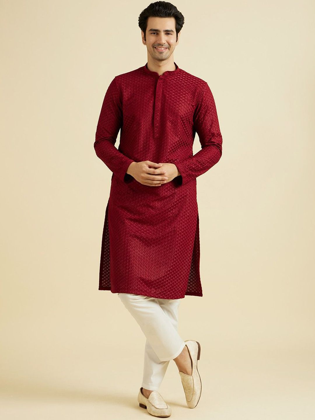 Manyavar Floral Embroidered Mandarin Collar Chikankari Kurta With Trousers-picture-28