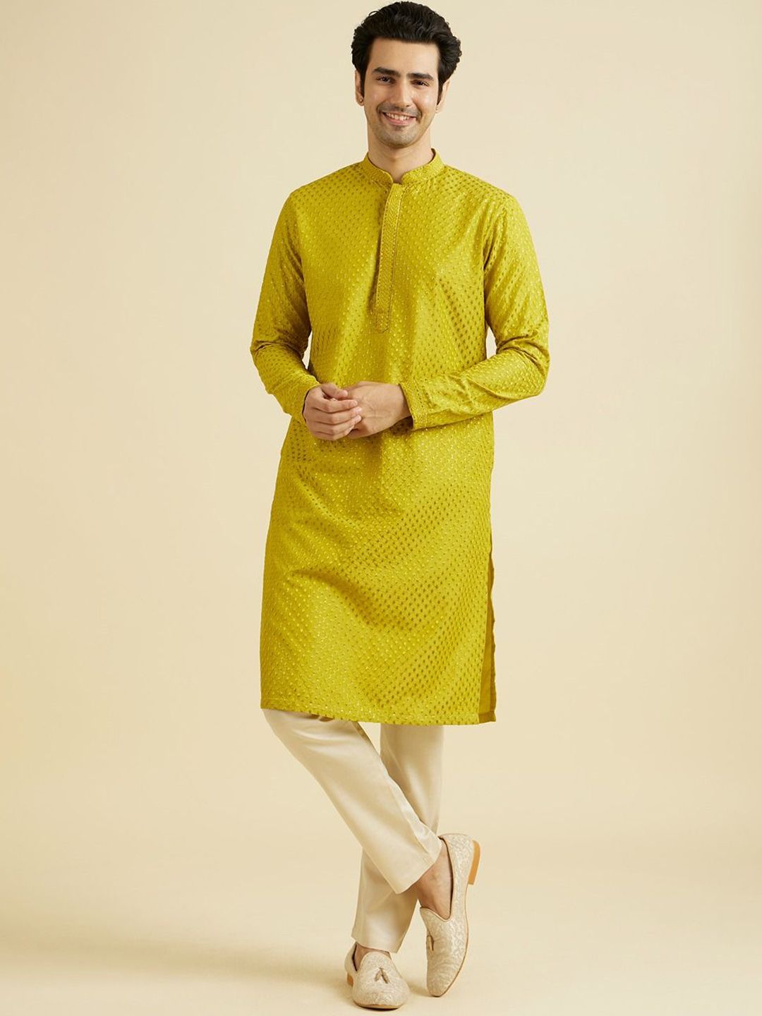 Manyavar Floral Embroidered Mandarin Collar Thread Work Straight Kurta With Pyjama-picture-19