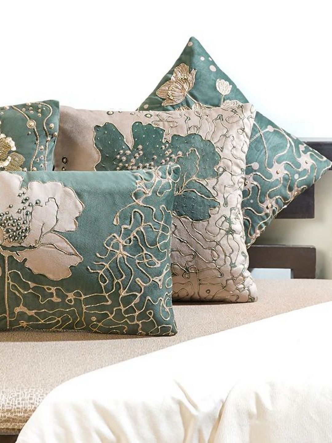 Mid July Home Green & Beige Set of 5 Floral Velvet Square Cushion Covers-image-11