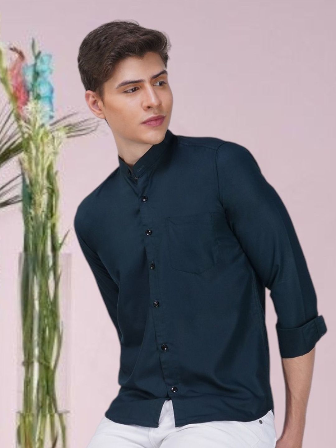 BASE 41 Men Slim Fit Band Collar Solid Casual Shirt-image-47