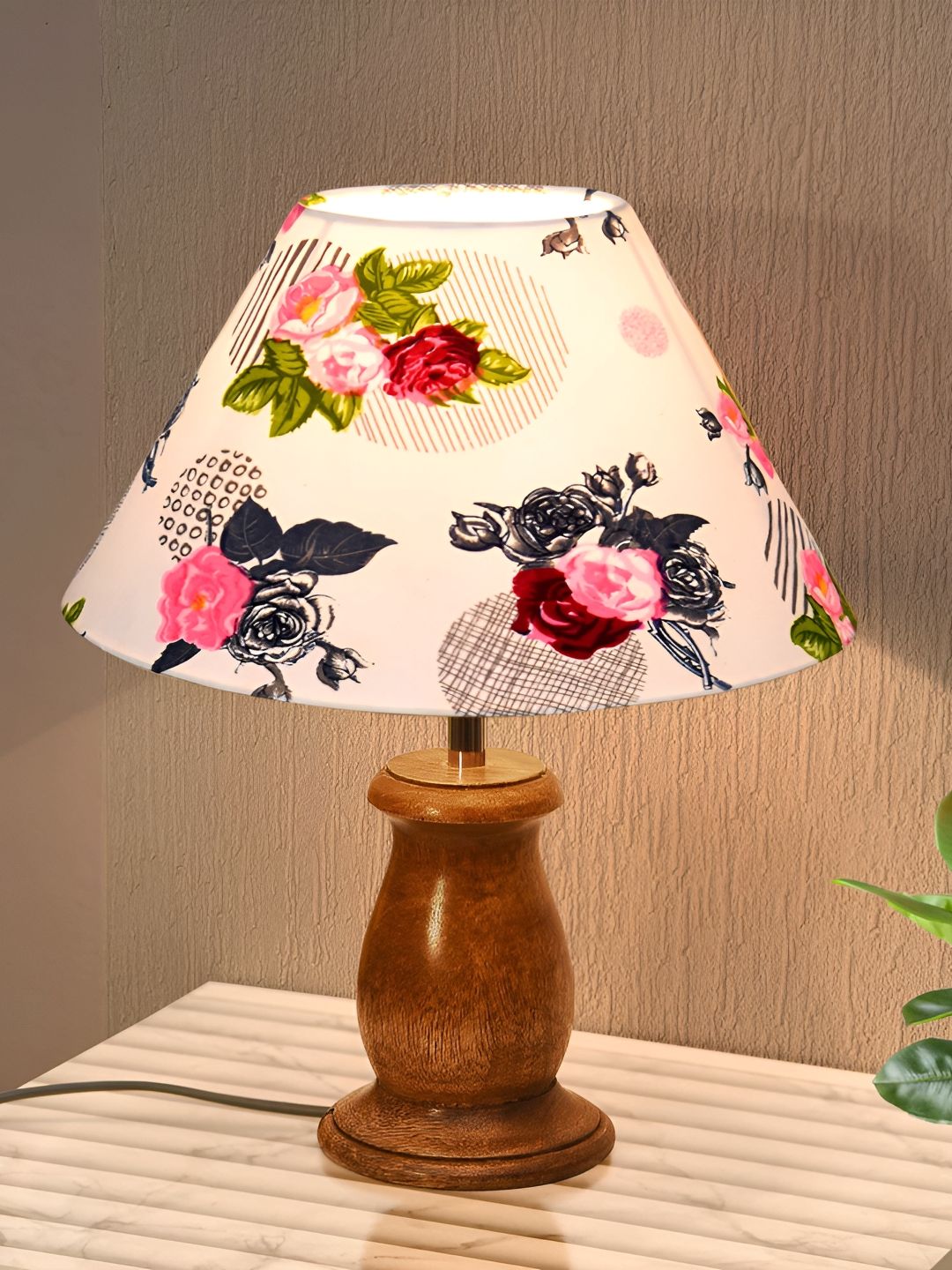 Homesake White Printed Wood Industrial Frusturical Shaped Table Lamp-picture-50
