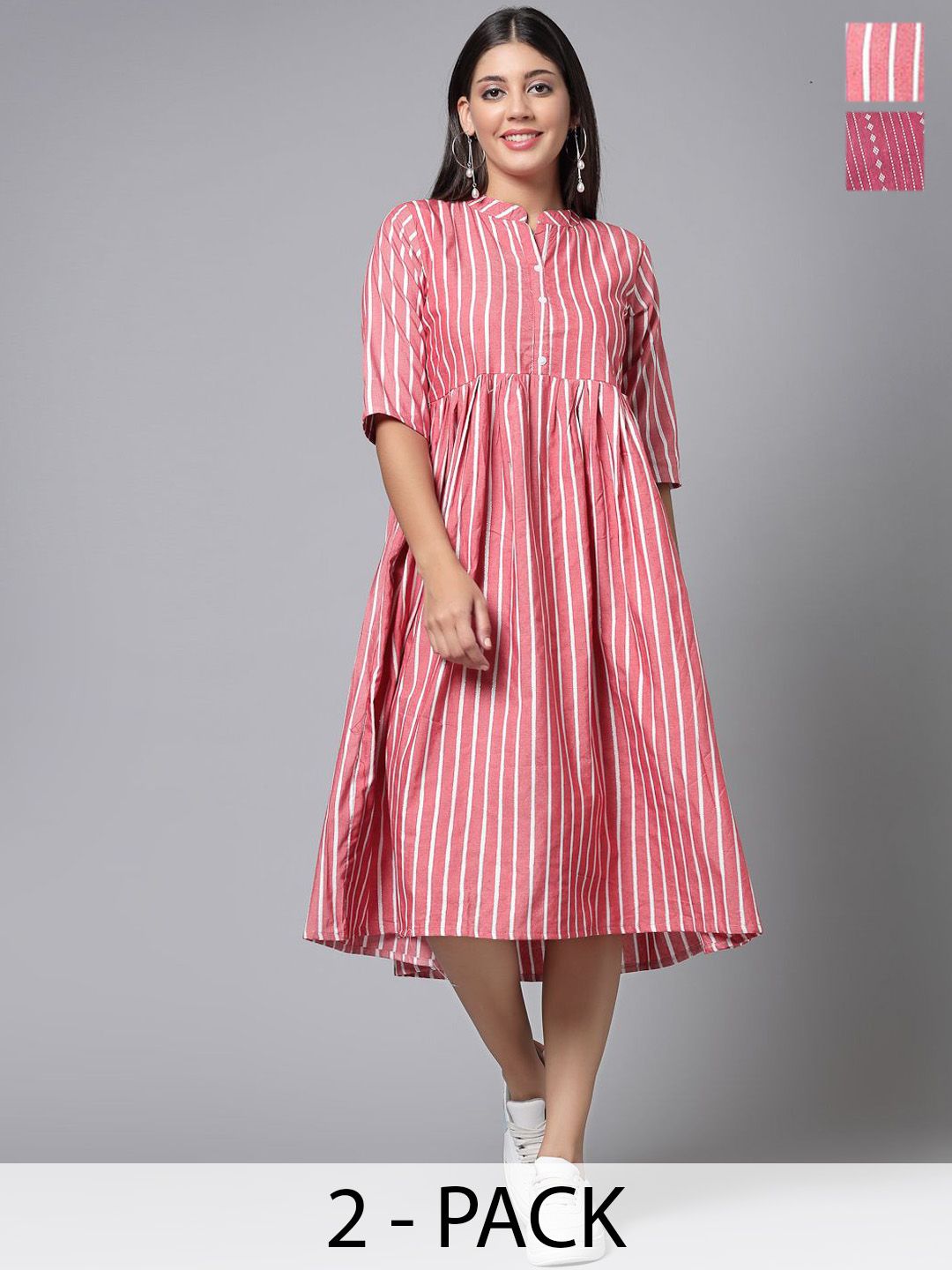 Moda Rapido Pack Of 2 Striped Mandarin Collar Cotton Fit And Flare Dresses